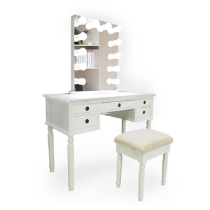 Nashville 43" White Vanity Makeup Table & Chair + Glam Mirror with Dimmer