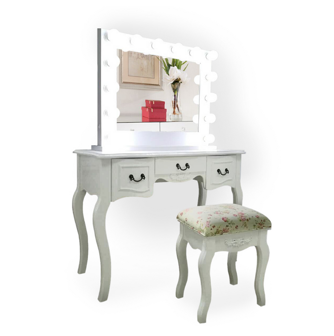 Loius XIV Traditional White Vanity Table and Floral pattern chair 
