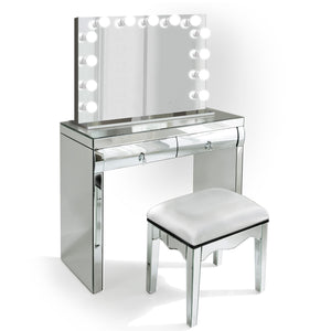 39" Glam Mirrored Makeup Vanity Set Includes Glam Hollywood Mirror + Chair + Makeup Table with Two Drawers