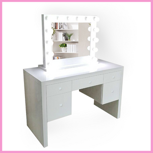 Glamonizer  48" White Makeup Vanity Table + Chair + Glam Mirror and Organizer
