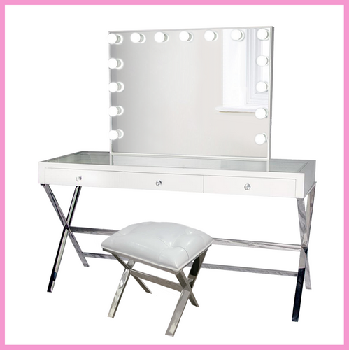 Glamorous White Makeup Vanity Set Includes Glam Mirror & Table & Chair